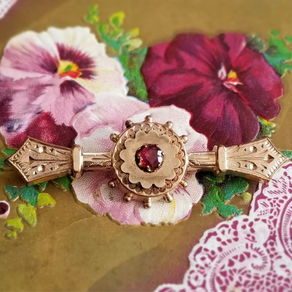 Antique bar pin Victorian gold tone Etruscan brooch 1800s red pink gem